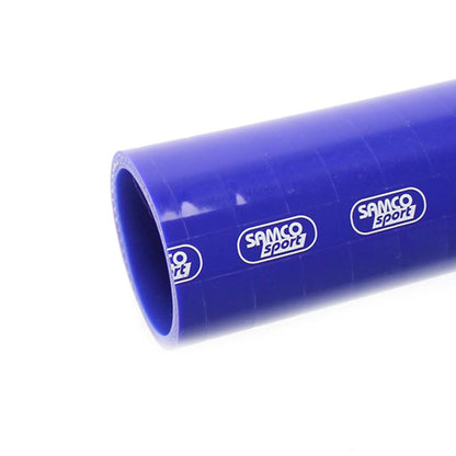 Blue silicone hose with Samco Sport branding on a white background