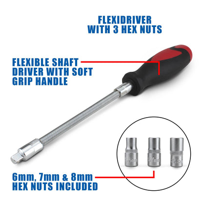 FLEXIBLE SHAFT SCREWDRIVER 6 7 8mm HEX SOCKET TOOL HI-GRIP CLIP FLEXI DRIVER
